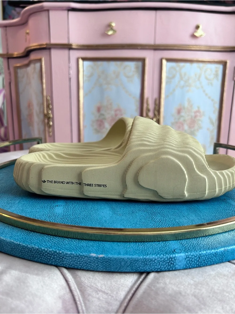 adidas Pale Yellow Ribbed Foam Slide - Picture 1 of 4